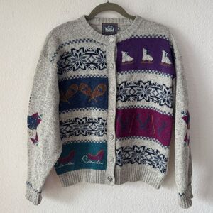 Vtg Woolrich Gray Heather 100% Wool Cardigan Winter Theme Women’s Sz M Grandma